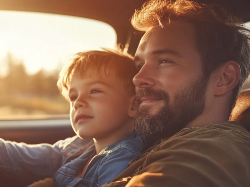 Ein Vater und sein Sohn fahren Auto.