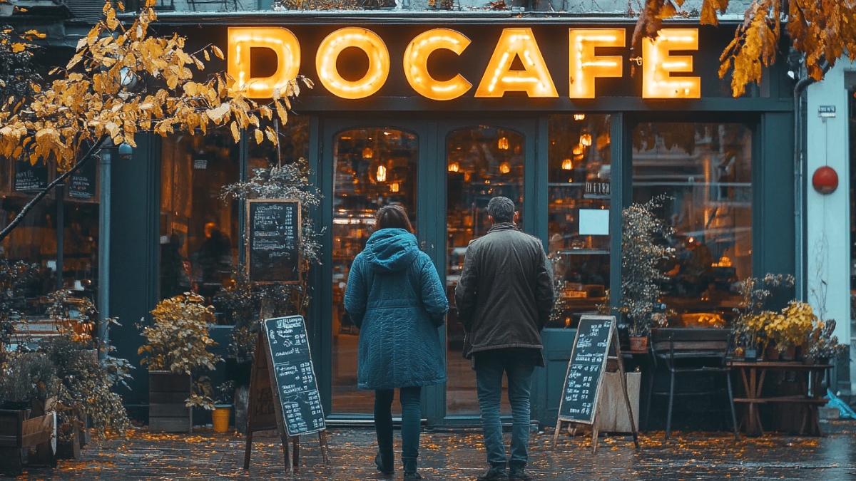 Leute stehen vor einem CafÃ©. (KI-generiert)