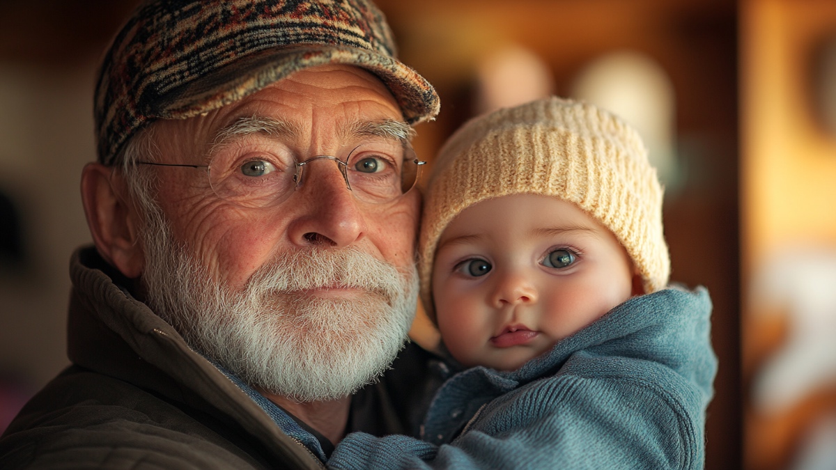 Ein alter Mann und sein Baby. (KI-generiert)