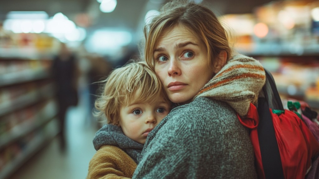 Eine junge, müde Mutter im Supermarkt. (KI-generiert)