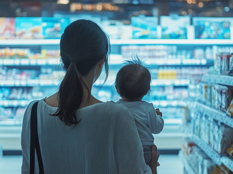 Eine Frau und ihr Baby im Supermarkt. (KI-generiert)