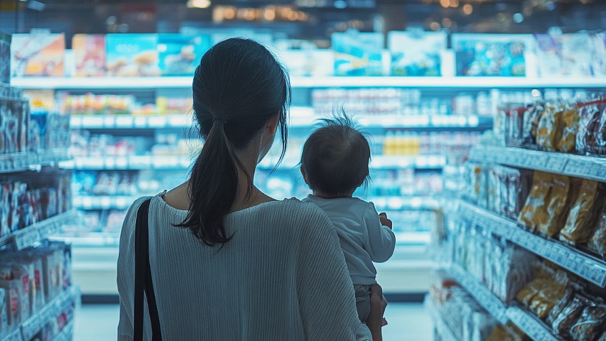 Eine Frau und ihr Baby im Supermarkt. (KI-generiert)