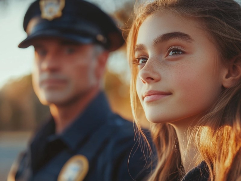 Ein Polizist und Mädchen. (KI-generiert)