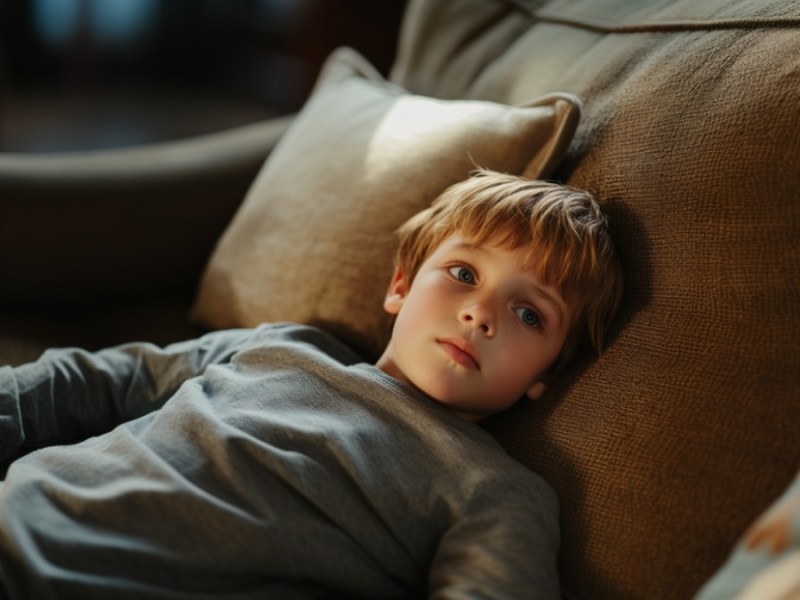 Ein Junge, der auf einem Sofa liegt.