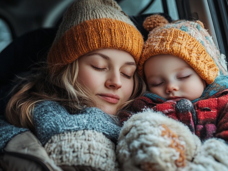 Mama und Babys schlafen im Auto für immer ein, während Vater Scheibe kratzt