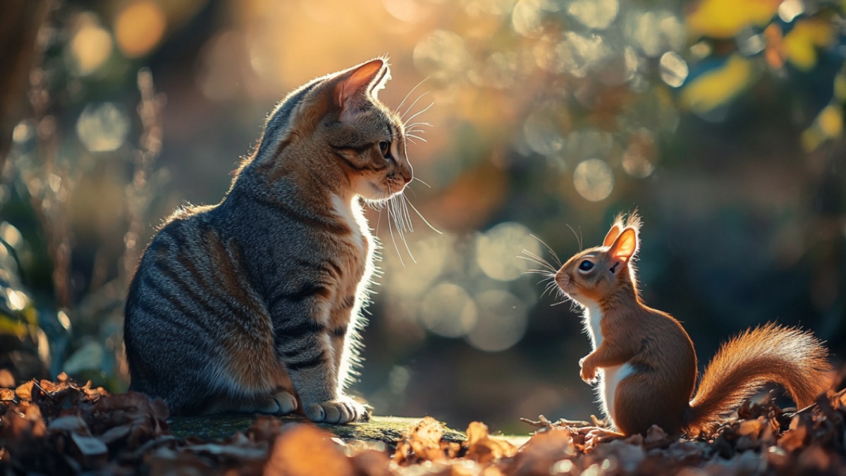 Eine Katze und ein Eichhörnchen.