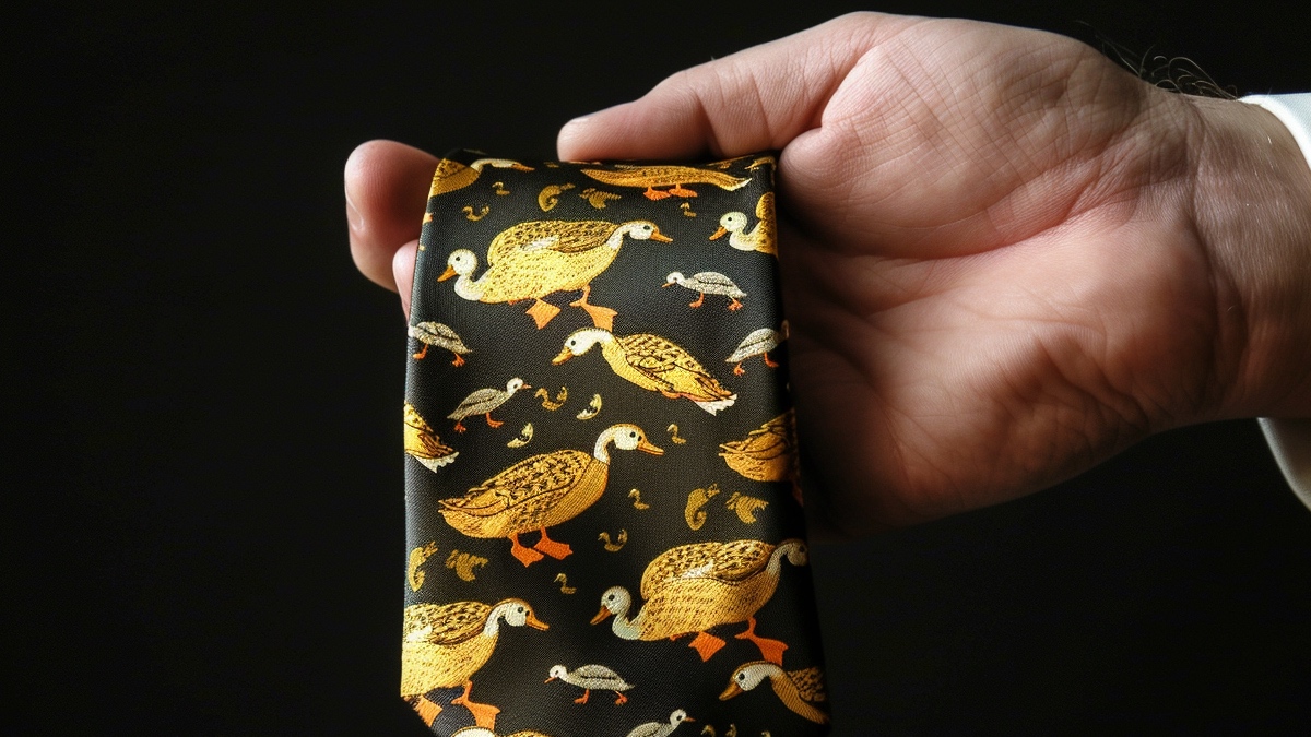 Eine Hand hält eine Krawatte, auf der Krawatte sind Enten abgebildet, der Hintergrund ist schwarz.