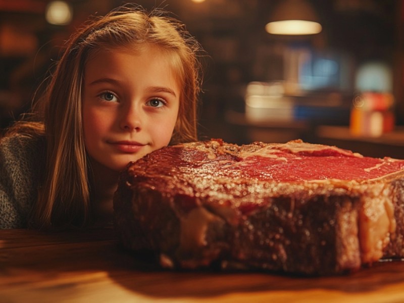 Mädchen sitzt vor einem Steak.