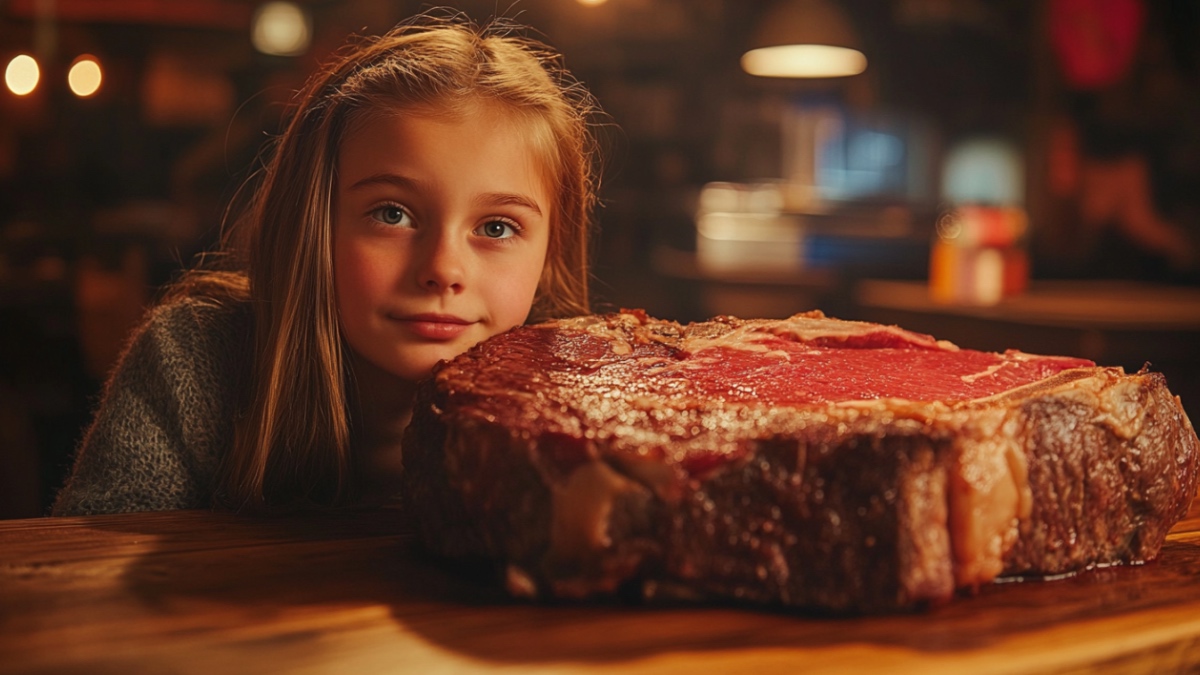 Mädchen sitzt vor einem Steak.