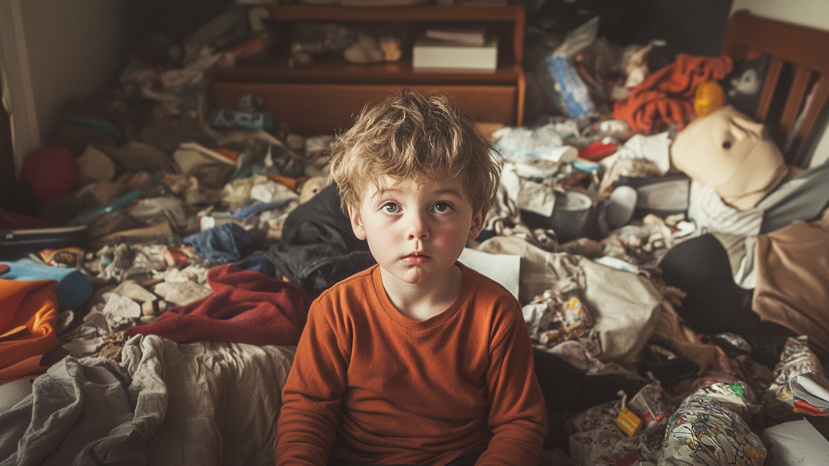 Kind in unaufgerÃ¤umtem Zimmer. (KI-generiert)