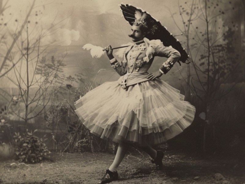 Ein Schwarzweiß-Foto eines preußischen Generals, der als Ballerina verkleidet tanzt.