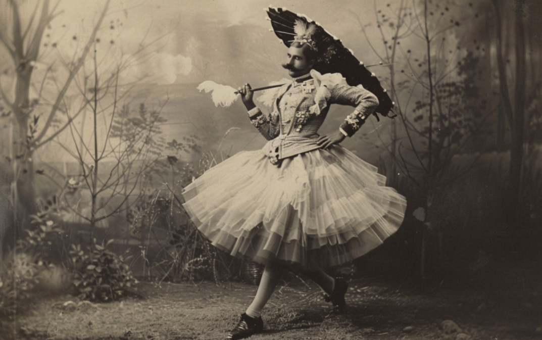 Ein Schwarzweiß-Foto eines preußischen Generals, der als Ballerina verkleidet tanzt.