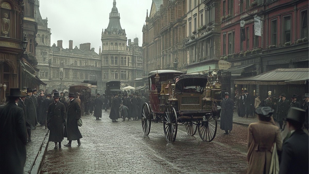 Eine Straßenszene in London um 1900 (Bild KI-generiert).