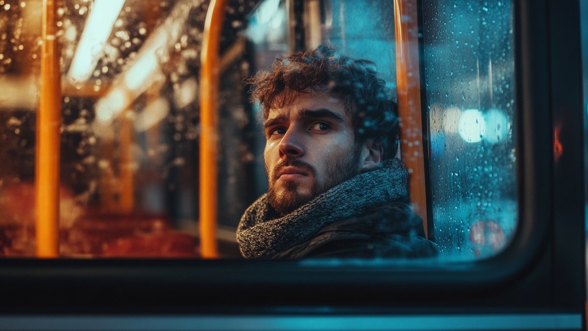 Ein Mann im Bus. (KI-generiert)