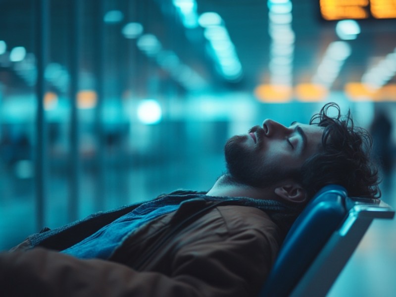 Ein Mann schläft im Flughafen. (KI-generiert)