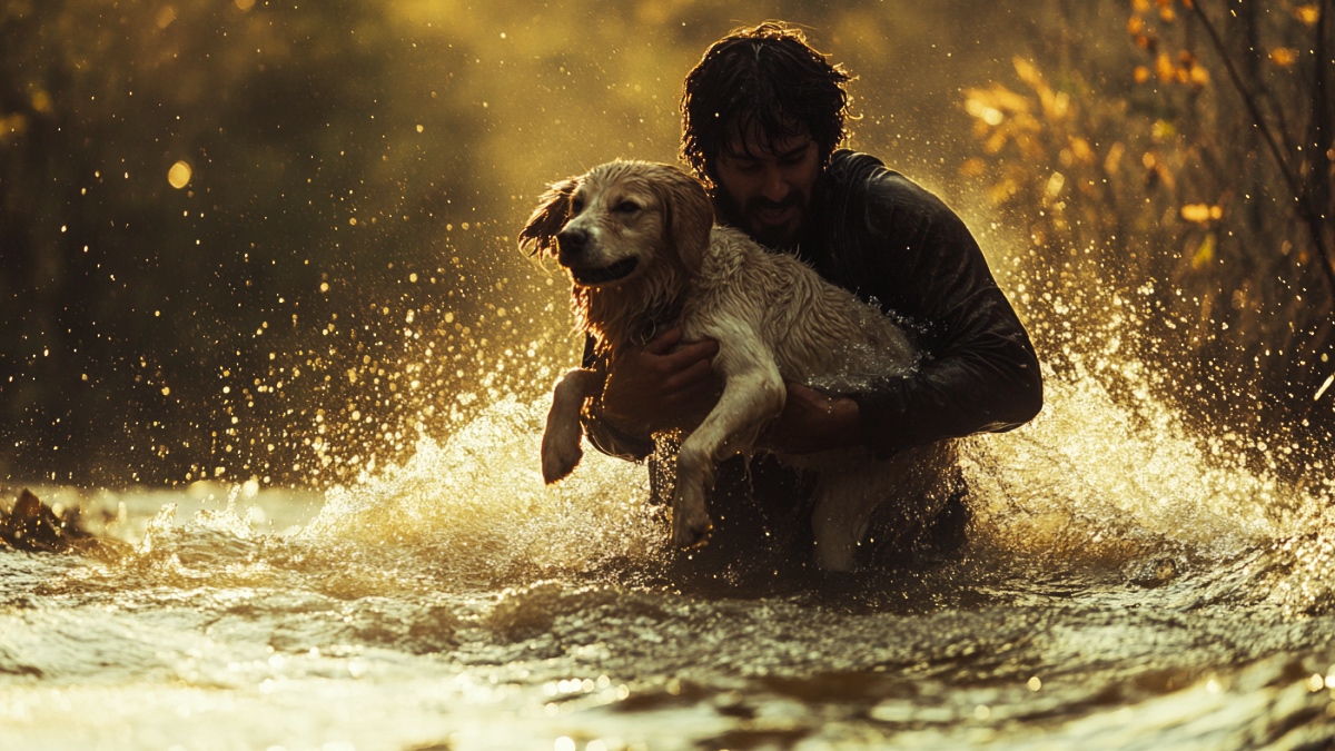 Mann trägt Hund durch Fluss. (KI-generiert)