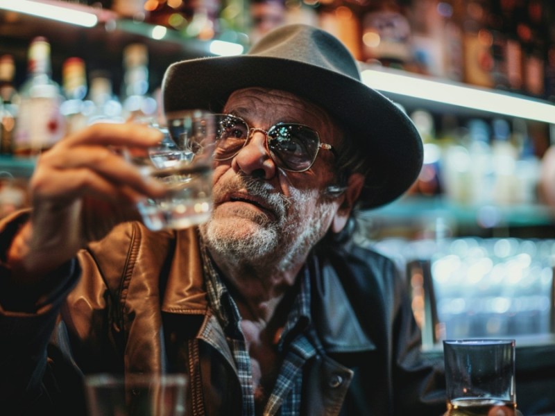 Ein alter Mann in einer Bar, der ein Schnapsglas in der Hand hält.