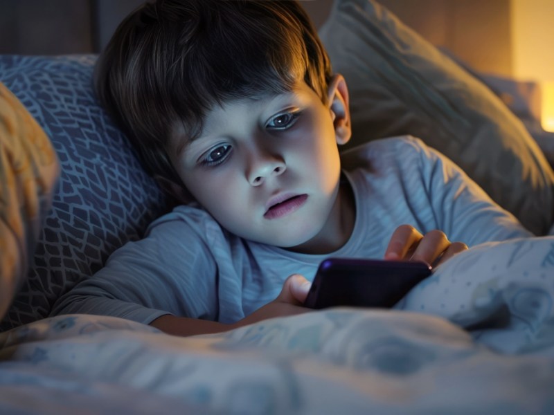 Ein Junge benutzt sein Smartphone in seinem Bett.