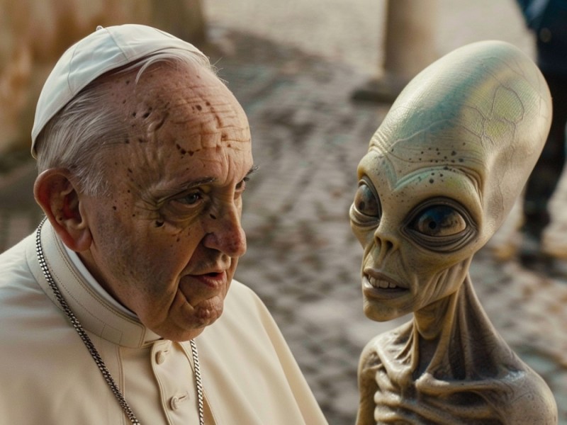 Der Papst steht neben einen Alien.