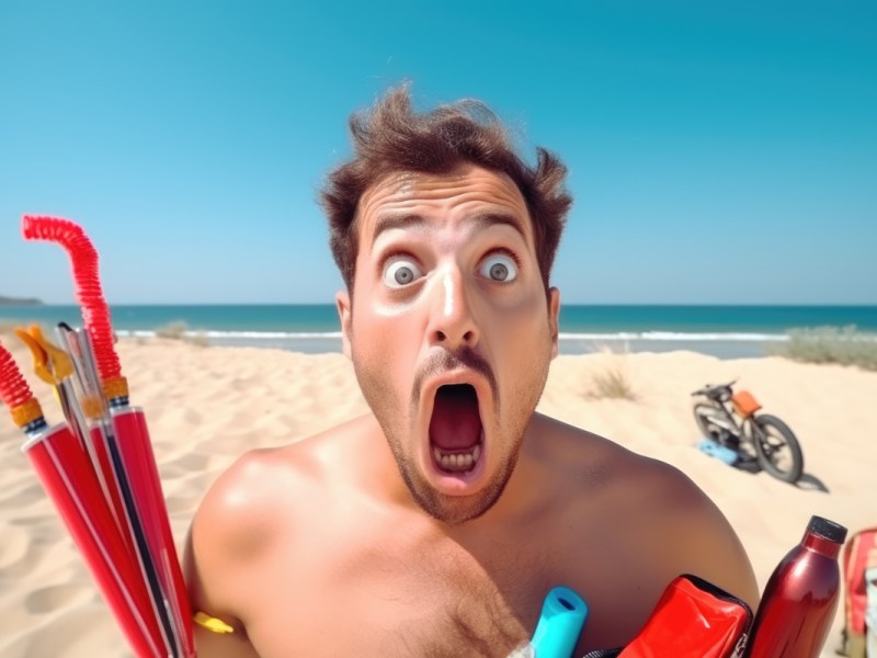 Ein Mann mit schockiertem Gesichtsausdruck am Strand.