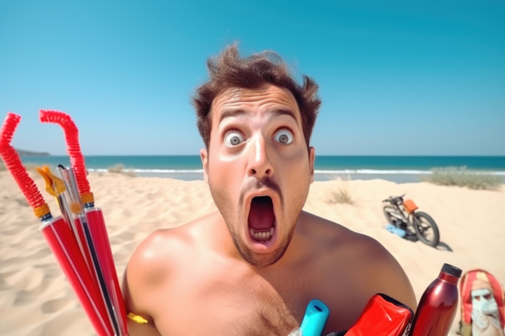 Ein Mann mit schockiertem Gesichtsausdruck am Strand.