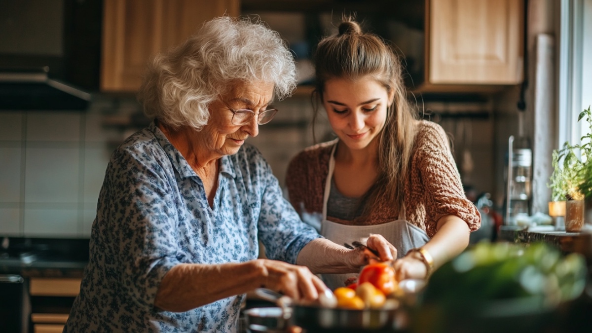 Eine Oma und ihre Enkelin beim Kochen.